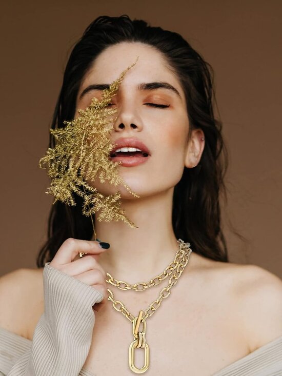 Chunky Gold Necklace Stack Chain Necklaces for Women Statement Layered Paperclip - Picture 7 of 8